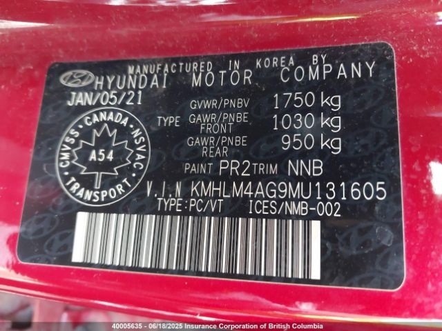 KMHLM4AG9MU131605 Hyundai ELANTRA SEL
