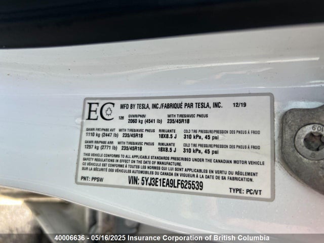 5YJ3E1EA9LF625539 Tesla MODEL 3