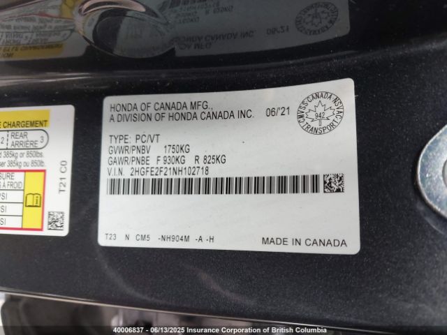 2HGFE2F21NH102718 Honda Civic