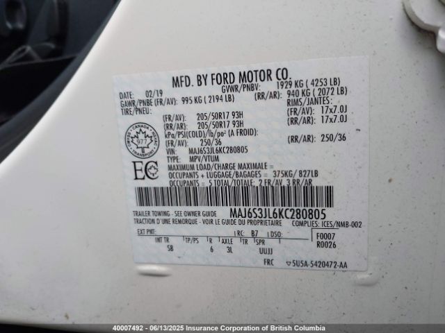 MAJ6S3JL6KC280805 Ford Ecosport Ses