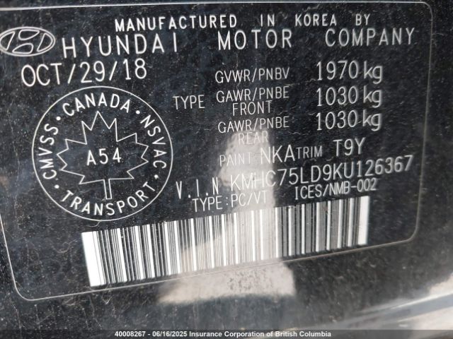 KMHC75LD9KU126367 Hyundai Ioniq