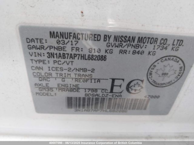 3N1AB7AP7HL682086 Nissan Sentra S/sv/sr/sl