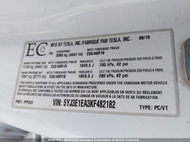 5YJ3E1EA3KF482182 Tesla 2019
