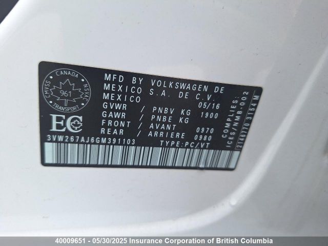 3VW267AJ6GM391103 Volkswagen 2016