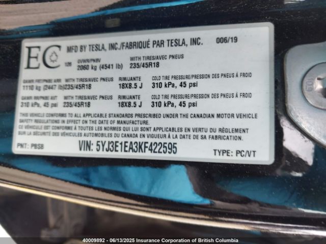 5YJ3E1EA3KF422595 Tesla MODEL 3