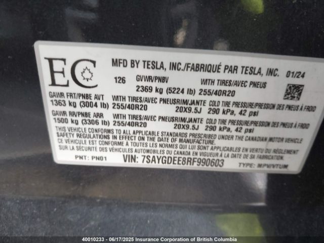 7SAYGDEE8RF990603 Tesla Model Y