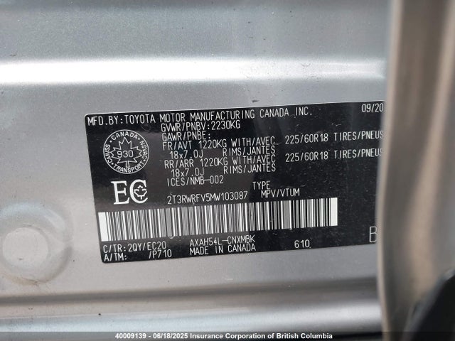 2T3RWRFV5MW103087 Toyota a25a-fxs, 3nm+4nm(ni)