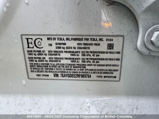 7SAYGDEE2RF989754 Tesla Model Y