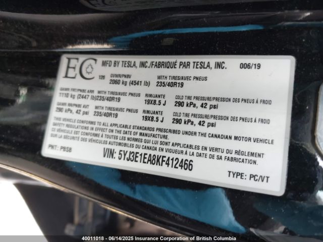 5YJ3E1EA8KF412466 Tesla MODEL 3