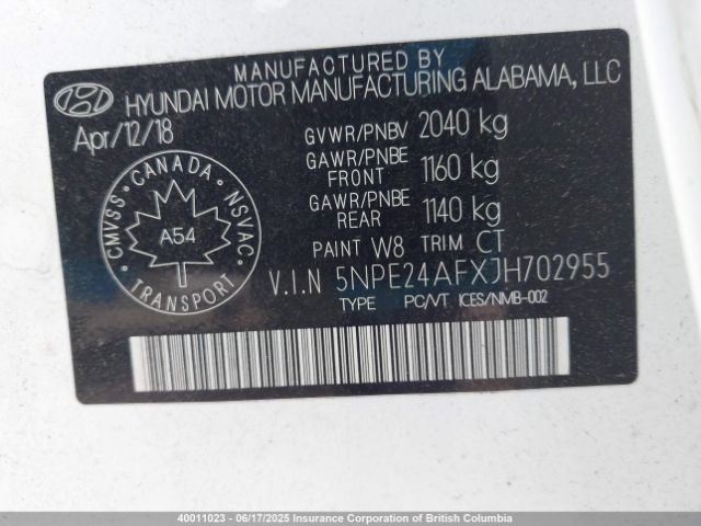 5NPE24AFXJH702955 Hyundai SONATA SE
