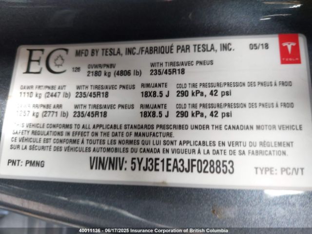 5YJ3E1EA3JF028853 Tesla MODEL 3