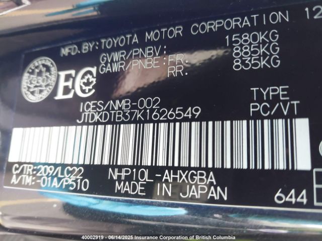 JTDKDTB37K1626549 Toyota PRIUS C