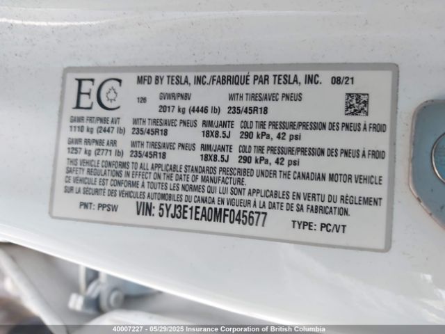 5YJ3E1EA0MF045677 Tesla MODEL 3