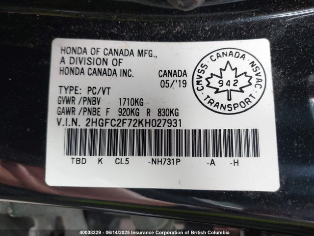 Honda k20c2 2019 2HGFC2F72KH027931 Image 9