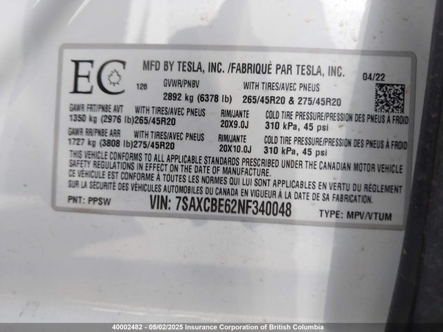 7SAXCBE62NF340048 Tesla MODEL X