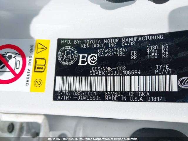 58ABK1GG3JU106694 Lexus 2gr-fe