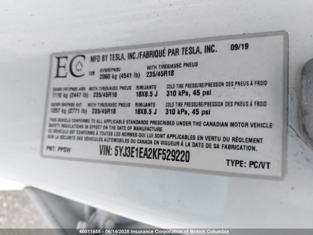 5YJ3E1EA2KF529220 Tesla MODEL 3