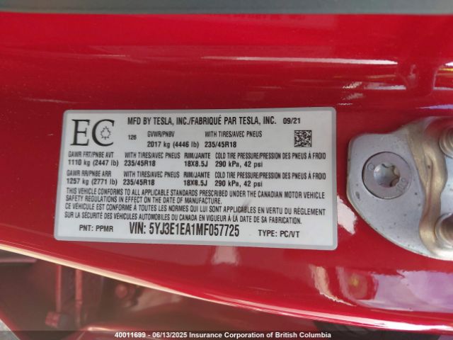 5YJ3E1EA1MF057725 Tesla MODEL 3
