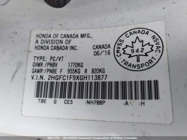 2HGFC1F9XGH113877 Honda Civic