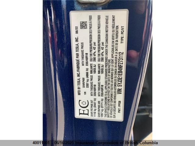 5YJ3E1EB4NF273112 Tesla MODEL 3