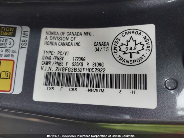 2HGFG3B52FH002922 Honda r18z1