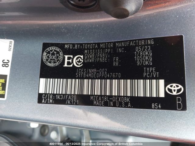 5YFB4MDE0PP047670 Toyota COROLLA LE