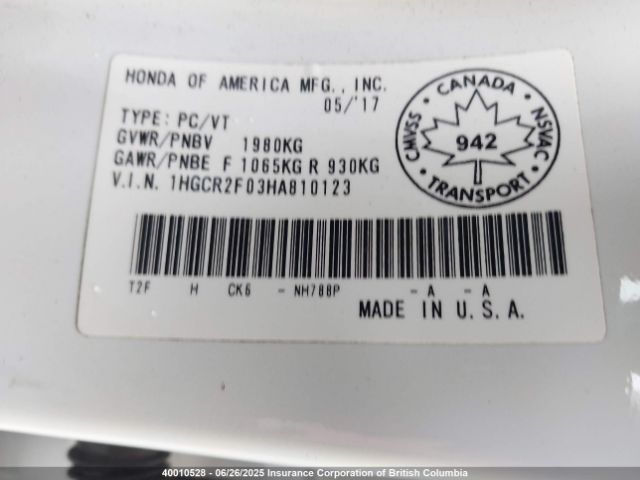 1HGCR2F03HA810123 Honda k24w1