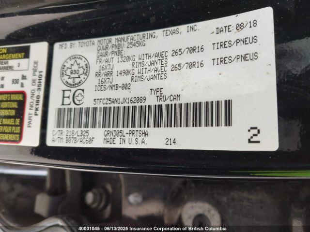 5TFCZ5AN1JX162089 Toyota Tacoma Dbl Cab/sr/trdspt/or/pro