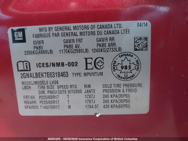 2GNALBEK7E6318463 Chevrolet EQUINOX LT