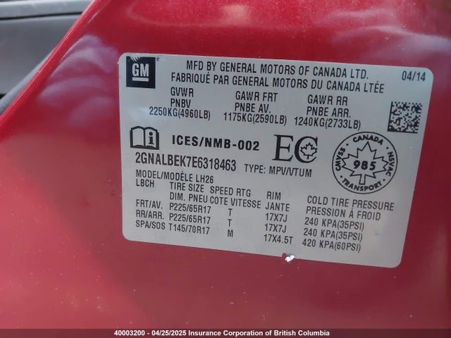 2GNALBEK7E6318463 Chevrolet EQUINOX LT