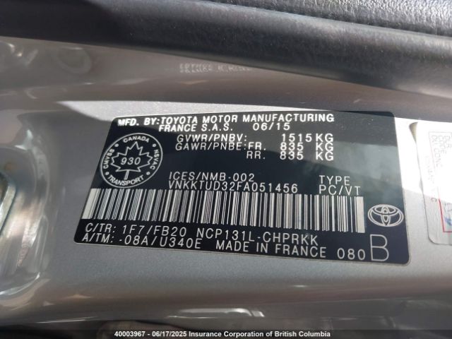 VNKKTUD32FA051456 Toyota Yaris