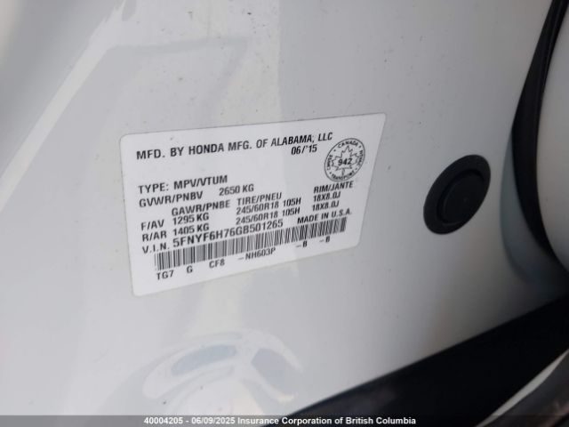 5FNYF6H76GB501265 Honda PILOT EXLN