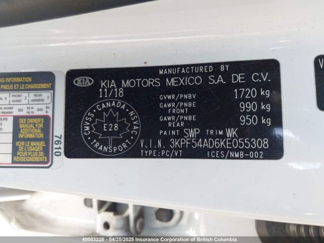 3KPF54AD6KE055308 KIA FORTE EX