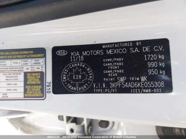 3KPF54AD6KE055308 KIA FORTE EX