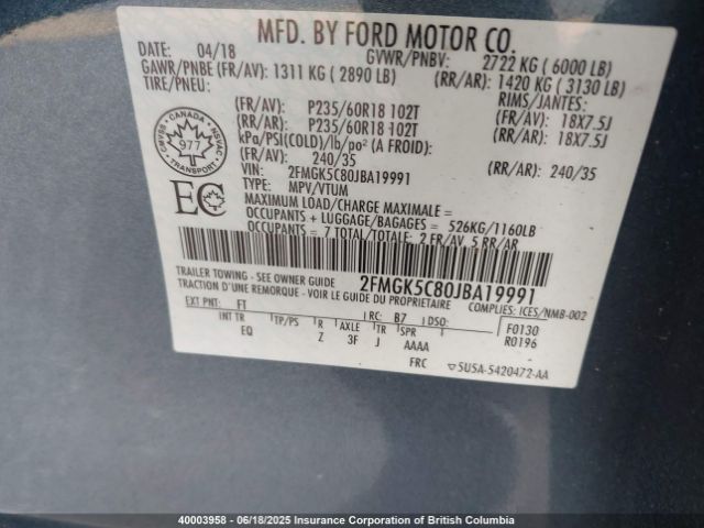 2FMGK5C80JBA19991 Ford FLEX SEL