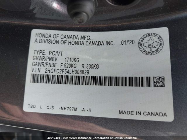 2HGFC2F54LH008829 Honda Civic