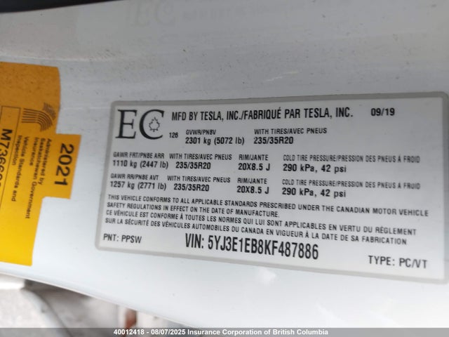 5YJ3E1EB8KF487886 Tesla MODEL 3