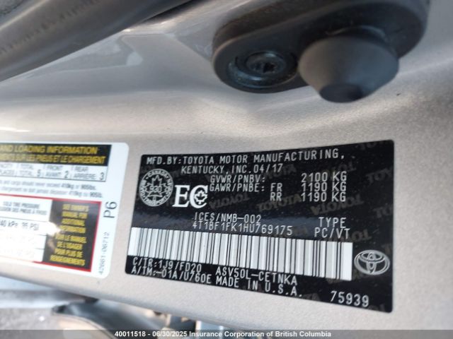 4T1BF1FK1HU769175 Toyota 2ar-fe
