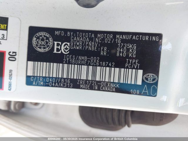 2T1BURHE7GC618742 Toyota 2zr-fe