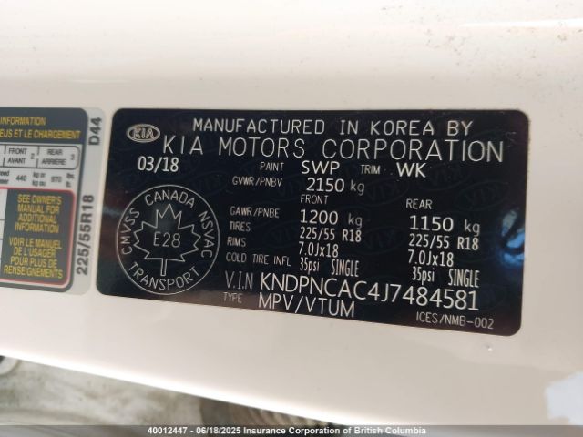 KNDPNCAC4J7484581 KIA Sportage Ex