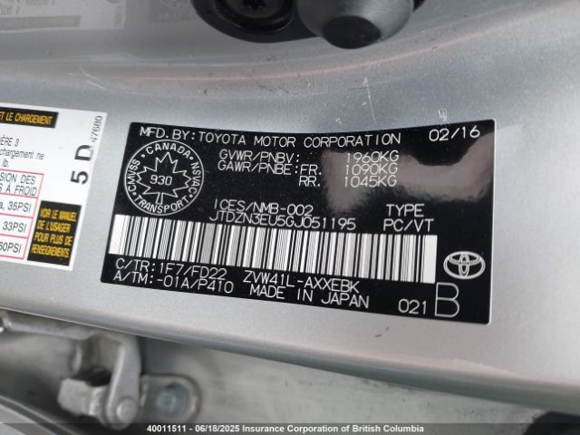 JTDZN3EU5GJ051195 Toyota 2zr-fxe, 5jm