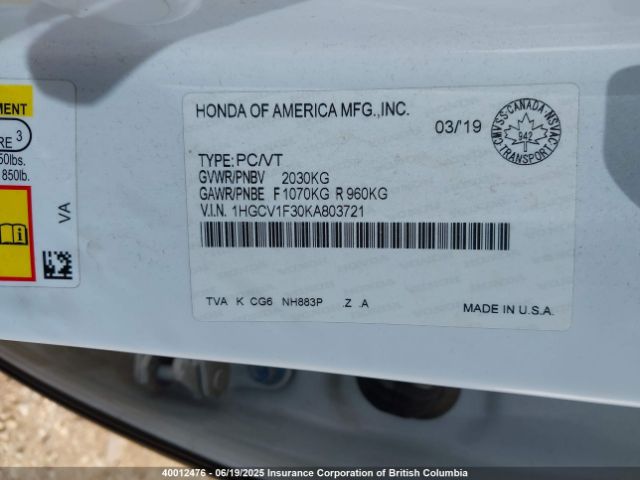 1HGCV1F30KA803721 Honda l15be