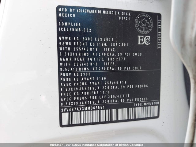 3VV4B7AX3MM063551 Volkswagen Tiguan Sel Premium R-line