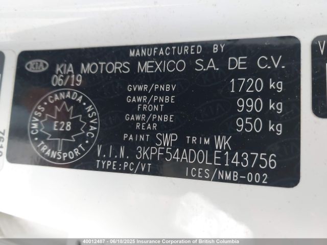 3KPF54AD0LE143756 KIA Forte
