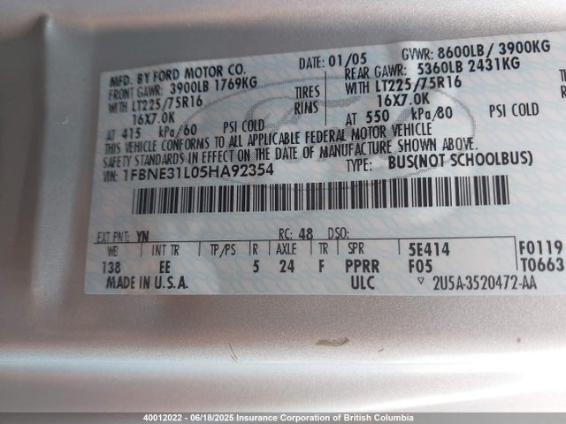 Aukcja sprzedaży 2005 Ford Econoline E350 Super Duty Wagon, vin: 1FBNE31L05HA92354, numer aukcji: 40012022