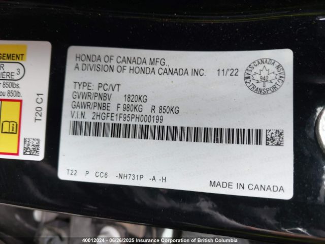 2HGFE1F95PH000199 Honda l15b7
