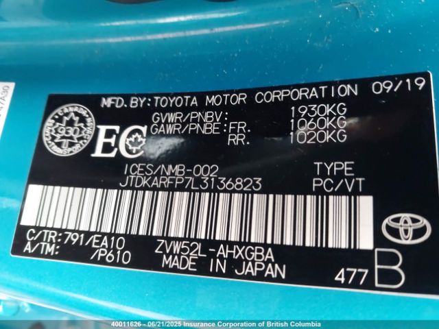 JTDKARFP7L3136823 Toyota 2zr-fxe+1nm+1sm