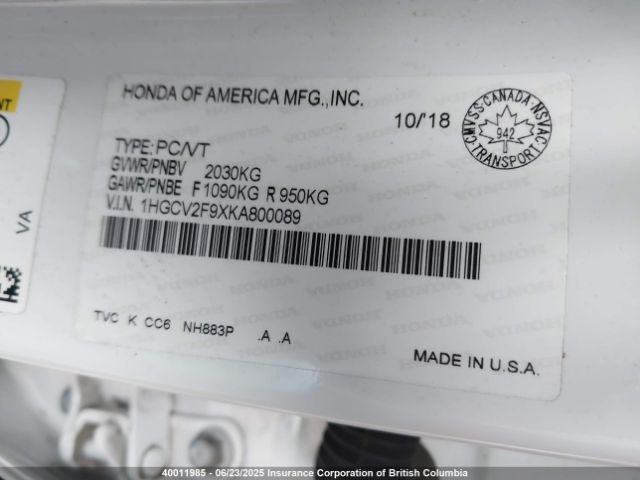 1HGCV2F9XKA800089 Honda k20c4