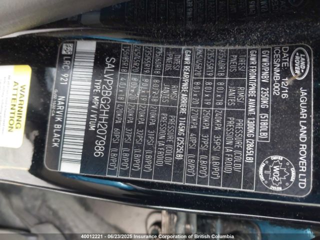 SALVP2BG2HH207986 Land Rover gtdi lev3 sulev30