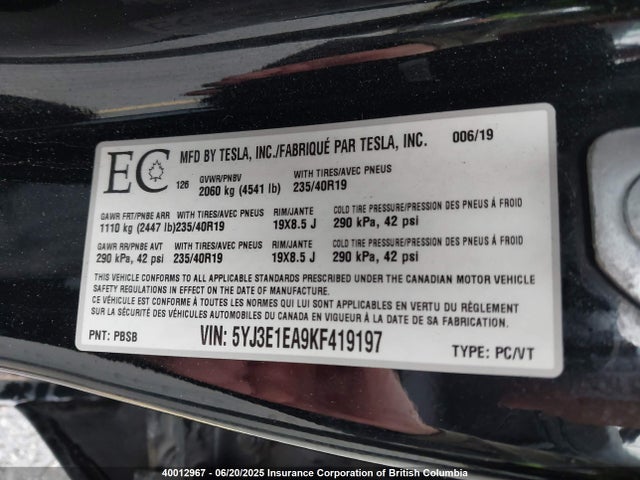 5YJ3E1EA9KF419197 Tesla MODEL 3